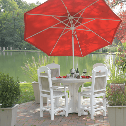 Birch and white Polywood 4' round table with Classic chairs and red cmbrella