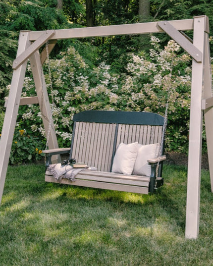 LuxCraft A-Frame Vinyl Swing Stand featured in the collor Clay with 4' Classic Swing in Weatherwood and Black.
