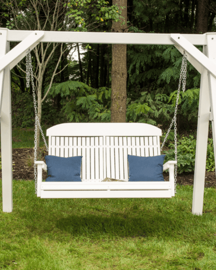 4 foot classic poly swing white on A frame with blue pillows