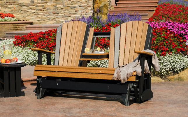 LuxCraft 5 foot ploy glider antique mahogany and black on deck with garden view