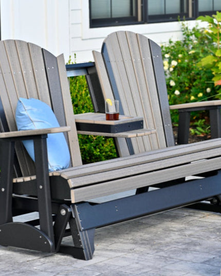 LuxCraft 5 foot adirondack glider costal gray and black with center console down and cup holder 
