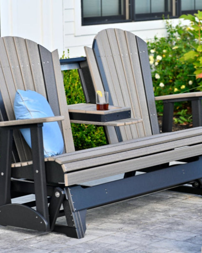 LuxCraft 5 foot adirondack glider costal gray and black with center console down and cup holder 