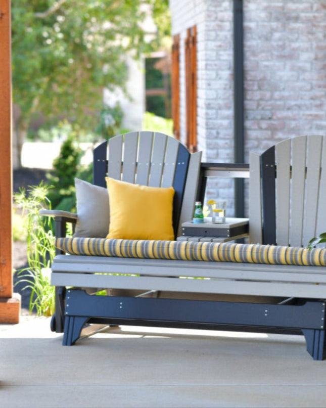 LuxCraft 5 fot adirondack glider dove gray and black with LuxCraft 5 foot cushion and toss pillow.