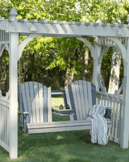 LuxCraft 5' Adirondack Swing featured in Dove Gray and Slate on the LuxCraft Classic Vinyl Swing Stand in the color Clay.