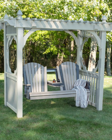 LuxCraft Classic Vinyl Swing Stand featured in Weatherwood & Black with 5' Adirondack Swing