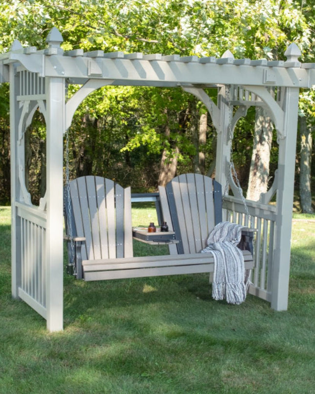 LuxCraft Classic Vinyl Swing Stand featured in Weatherwood & Black with 5' Adirondack Swing