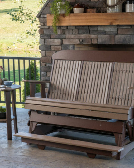 5 foot classic balcony glider weatherwood and chestnut brown with Deluxe End Table 28"
