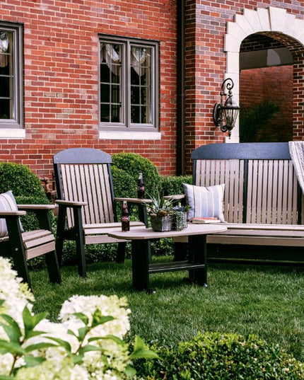 5 foor classic glider weatehrwood and black with poly end table and  LuxCraft 2 foot classic bench chairs