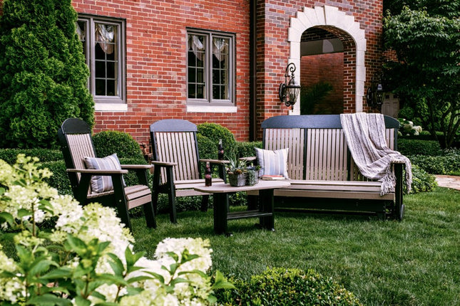 5 foor classic glider weatehrwood and black with poly end table and  LuxCraft 2 foot classic bench chairs