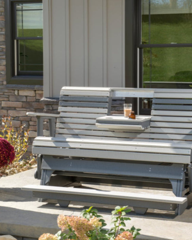 LuxCraft 5 foot balcony glider dove gray with center console down on porch.
