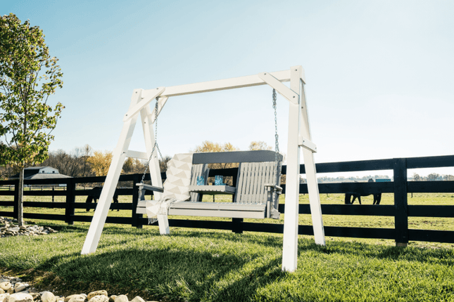 5 foot classic poly swing, dove gray slate near fence