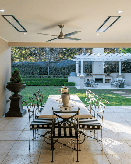 Bromic Platinum White in backyard with Stone Age Fireplace
