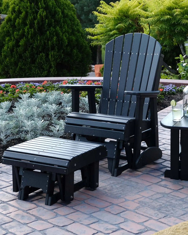 LuxCraft Glider Footrest featured in Black with 2' Adirondack Glider and Coffee Table.