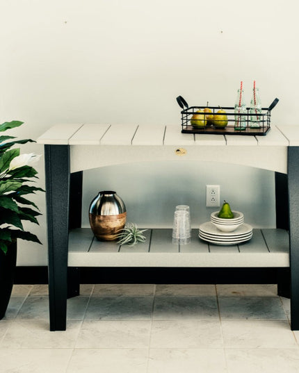 LuxCraft Island Buffet Table featured in Dove Gray and Black.