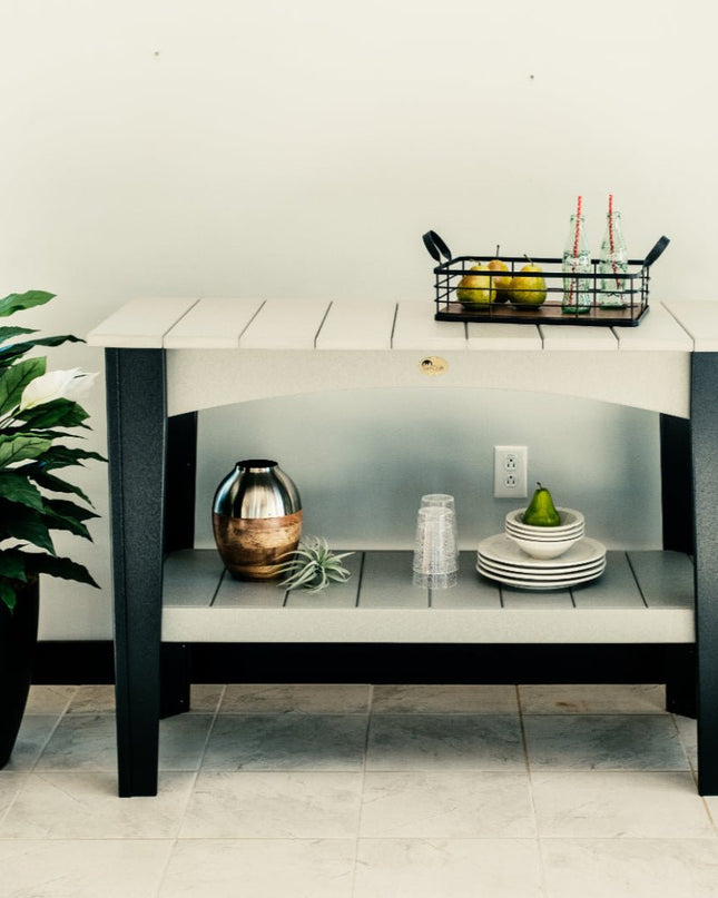 LuxCraft Island Buffet Table featured in Dove Gray and Black.