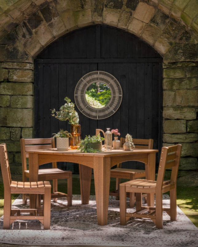 LuxCraft Island Dining Table 44" Square featured in Antique Mahogany with Island Side Chair