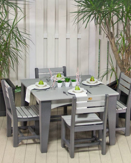 LuxCraft Island Dining Table 44" Square featured in Dove Gray and Slate with Island Side Chairs and 24" Square Planters.
