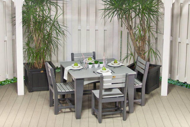 LuxCraft Island Dining Table 44" Square featured in Dove Gray and Slate with Island Side Chairs and 24" Square Planters.