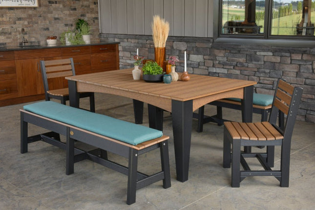 Lux craft island chairs featured in Antique Mahogany and lack with LuxCraft Island table, Café Dining Bench and lounge cushion.