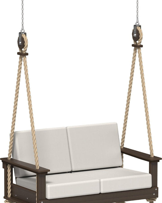 Brazilian Walnut polywood swing with white canvas cushions on a white background