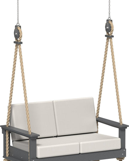 Spectrum Slate swing with white canvas cushions on a white background