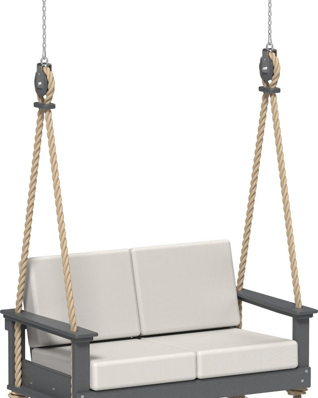 Spectrum Slate swing with white canvas cushions on a white background