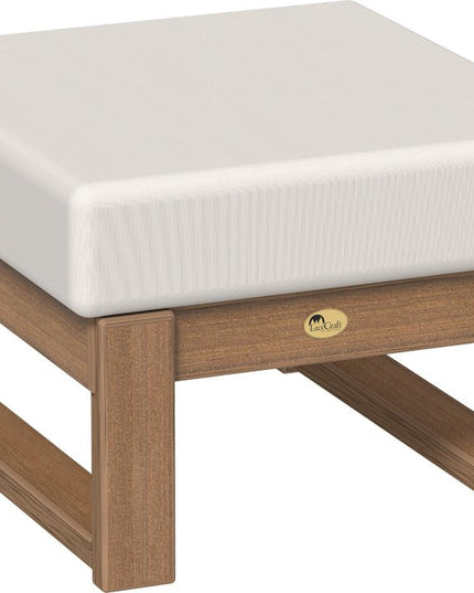 Polywood ottoman with mahogany frame and white cushion on a white background
