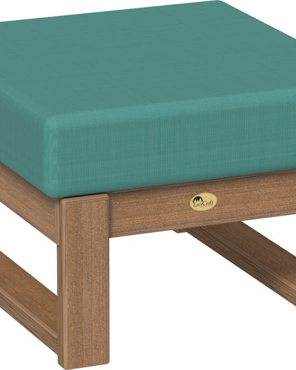 Polywood ottoman with teal cushion and mahogany frame on a white background