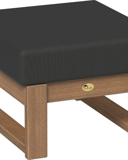Polywood ottoman with a black cushion and mahogany frame on a white background
