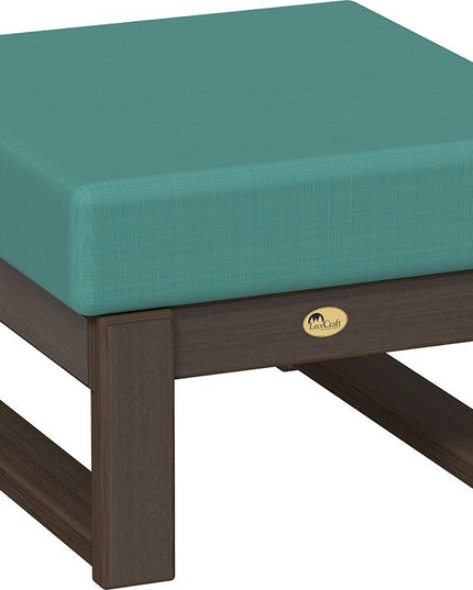 Cast Breeze cushioned ottoman with Brazilian Walnut frame on a white background