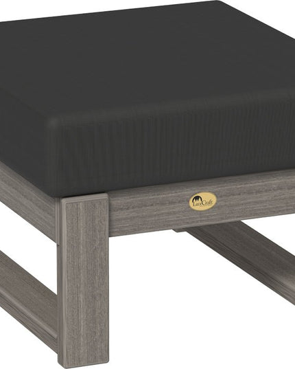 Polywood ottoman with black cushion and coastal gray frame  on a white background