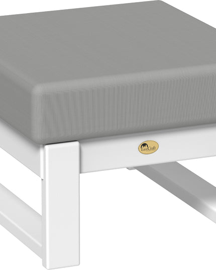 Gray cushioned ottoman with white base on a white background
