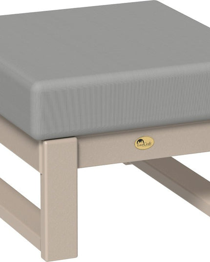 Gray cushioned ottoman with beige legs on a white background