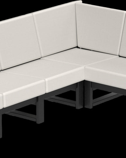 Sectional outdoor sofa with black frames and light gray cushions on a blank background