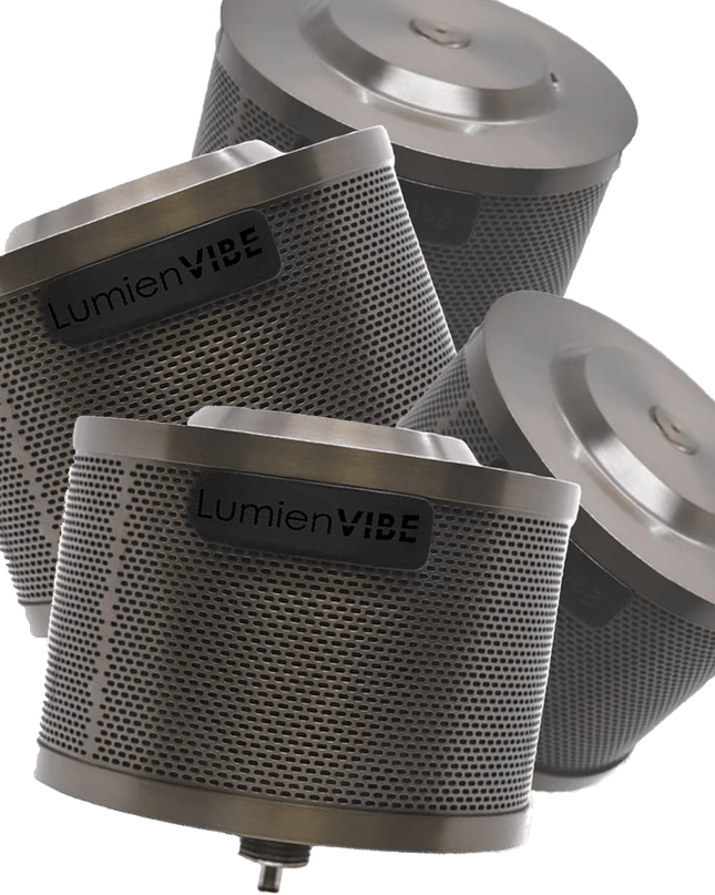 Four metallic speakers with 'LumienVibe' branding on a white background