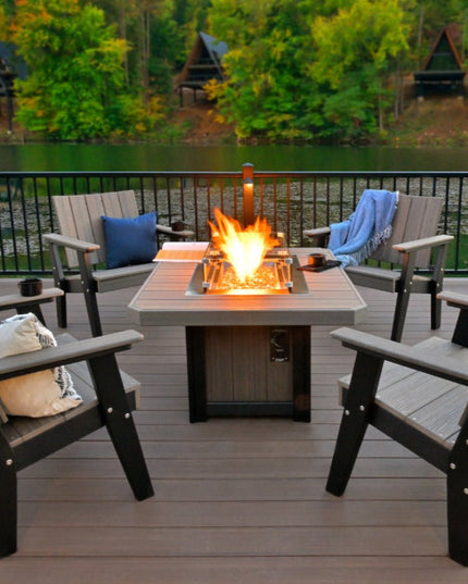 LuxCraft lumin fire pit iin coastal gray and black with LuxCraft Urban Chat Chair