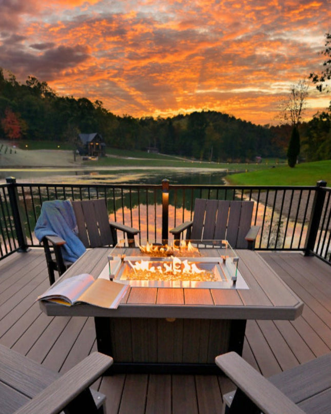 LuxCraft lumin 51 inch fire pit on deck at sunset
