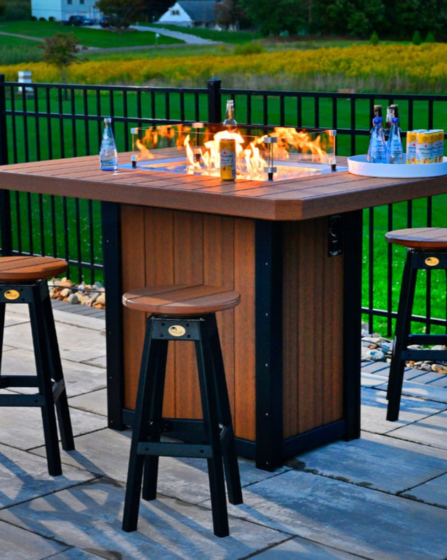 Lumin 62 inch rectangle fire table by LuxCraft featured in mahogany and black with LuxCraft Bar Stools 