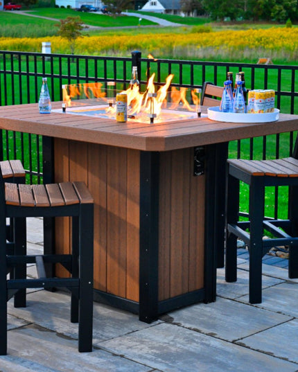 Lumin 62 inch rectangle fire table by LuxCraft featured in mahagonny and black with LuxCraft Island Side Chair 