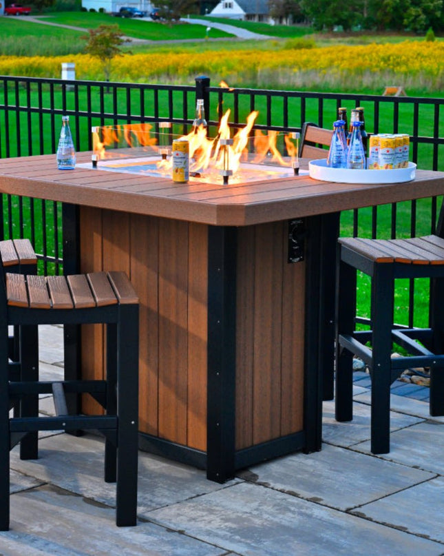 Lumin 62 inch rectangle fire table by LuxCraft featured in mahagonny and black with LuxCraft Island Side Chair 