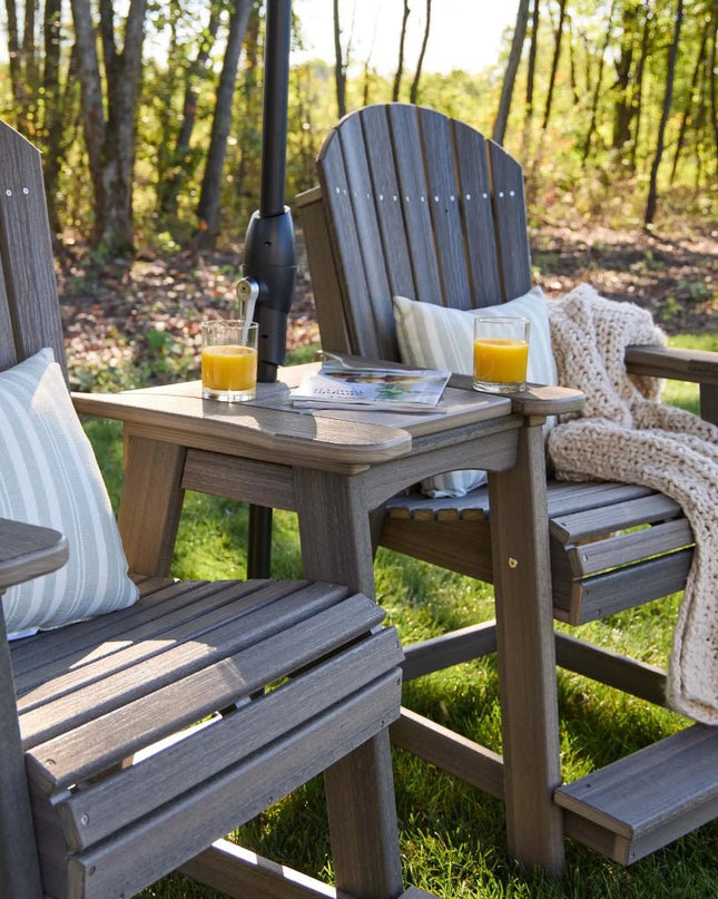 LuxCraft Balcony Tete-aTete Table featured in Coastal Gray with Adirondack Balcony Chairs.