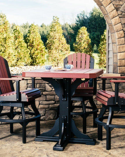 LuxCraft 41" Square Table bar height featured in Cherrywood and Black with 2 Adirondack Swivel Chairs.