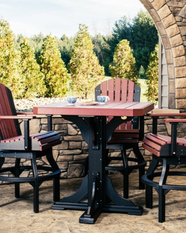LuxCraft 41" Square Table bar height featured in Cherrywood and Black with 2 Adirondack Swivel Chairs.