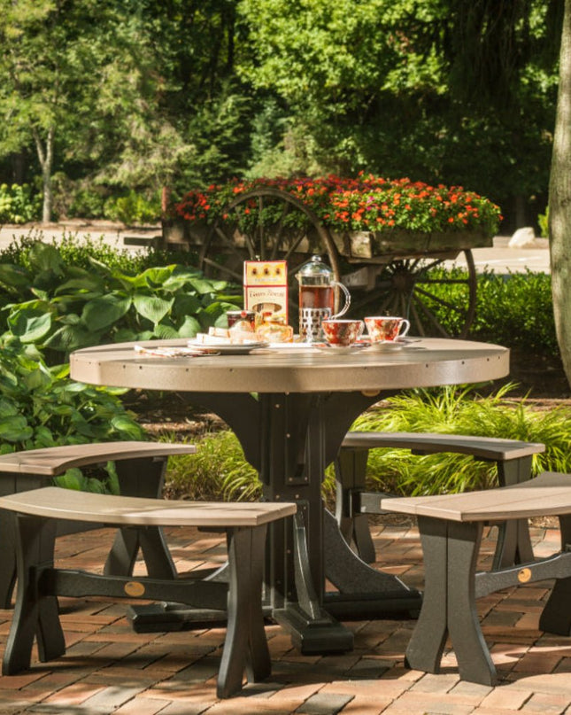 LuxCraft 28" Table Bench with Round Table set featured in Weatherwood and Black