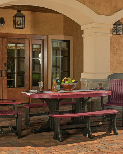 LuxCraft 4' x 6' Oval Table featured in dining height in Cherrywood and Black with Classic rm Chairs and 72" Café Dining Bench.