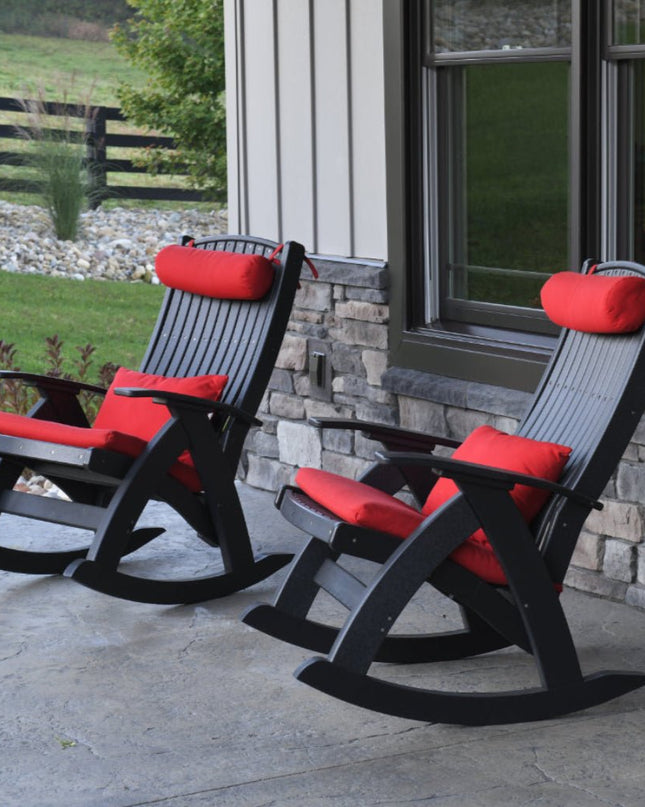 LuxCraft black comfort rocker with LuxCraft Logo Red lumbar and neck pillow.