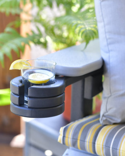 LuxCraft slide out cup holder on Adirondack Swivel Chair with Foster Metallic Cushion.