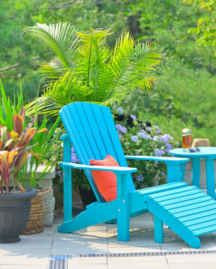 LuxCraft Delue Adirondack Footrest featured in Aruba Blue with Deluxe End Table.