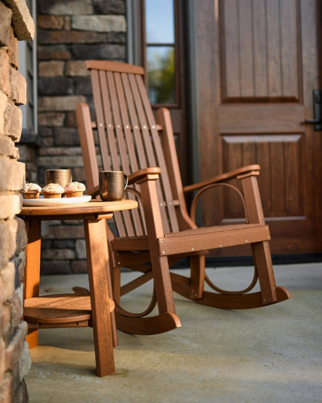 LuxCraft 28" Deluxe End Table featured in Antique Mahogany next to a Grandpas Rocker.