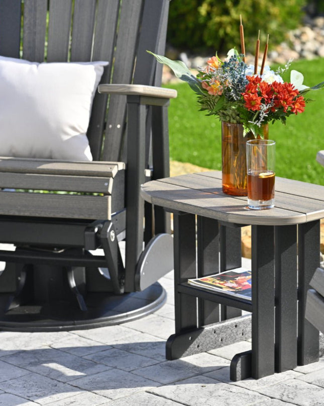 LuxCraft End Table featured in Costal Gray and Black alongside the 2' Adirondack Glider.